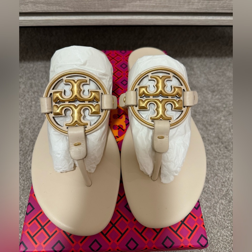 Tory Burch Gold and Cream Soft Miller Sandals